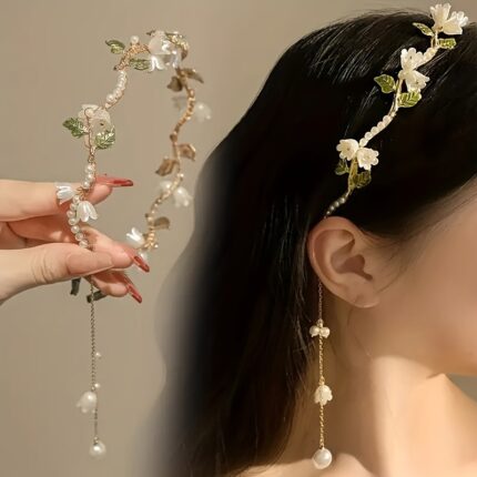 Elegant White Orchid Pearl Drop Hair Hoop